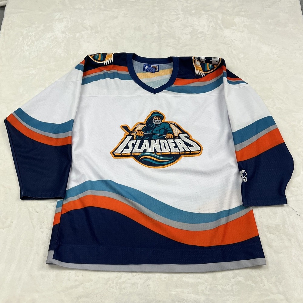 Starter New York Islanders Fisherman Jersey Mens L White Vintage NHL 90s Wave